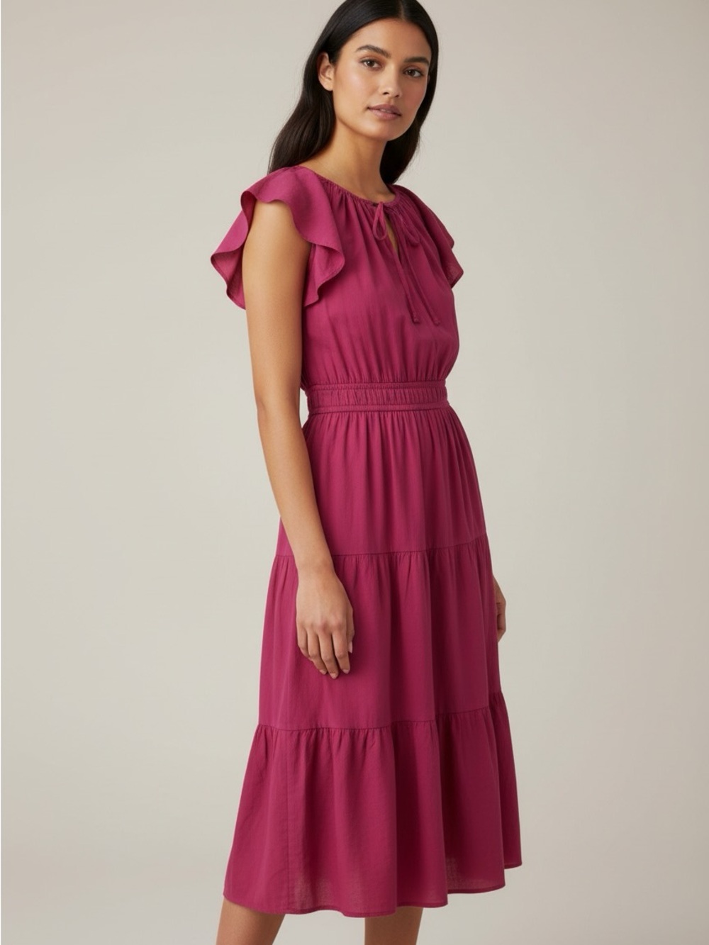 New Maggy London Raspberry Tiered Midi Dress with Flutter Sleeves size 12